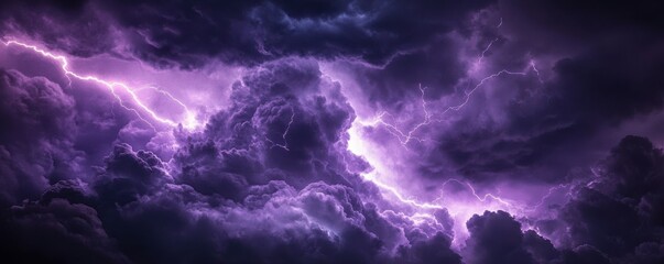 Dark storm clouds illuminated with streaks of glowing purple lightning, intense and moody, 4k photo.