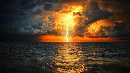 Stormy sunset lightning strikes over ocean waves dramatic seascape nature's fury dynamic view