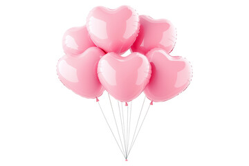 A cluster of shiny pink heart-shaped balloons floating against white transparent background, symbolizing love and celebration of Valentine Day