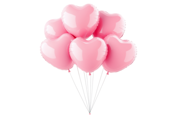 A cluster of shiny pink heart-shaped balloons floating against white transparent background, symbolizing love and celebration of Valentine Day