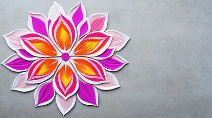 Obraz premium Indian Rangoli pattern made of colored powder with copyspace Soft morning light Courtyard background