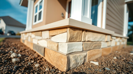 Obraz premium Modern Home Exterior with Stonework and Landscaping: Architectural Details and Design