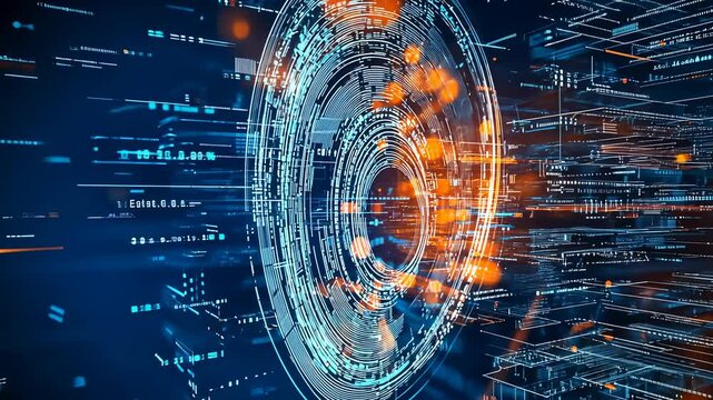 Glowing blue circuit pattern darkness.Digital data swirls virtual sphere.Cybersecurity high-tech environment.Encryption core processing real-time.Futuristic network operations night.flow immersive. - Powered by Adobe