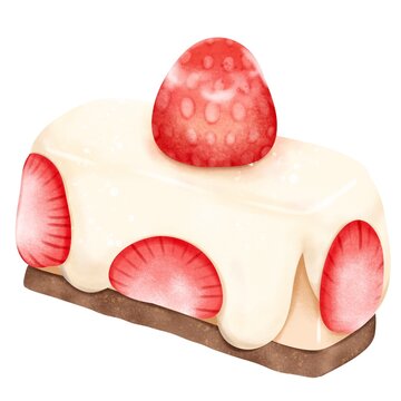 Strawberry cheese pie in vibrant color hand draw watercolor illustration isolated item