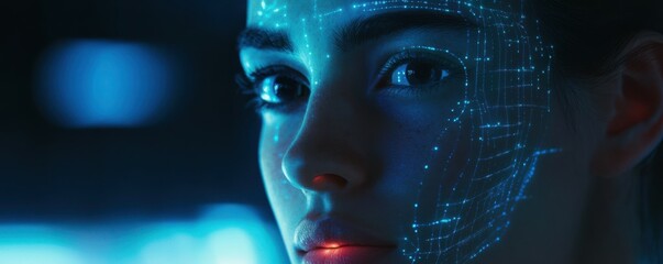 digital face scan with glowing blue lines and dots mapping facial features, symbolizing advanced biometric technology and AI recognition