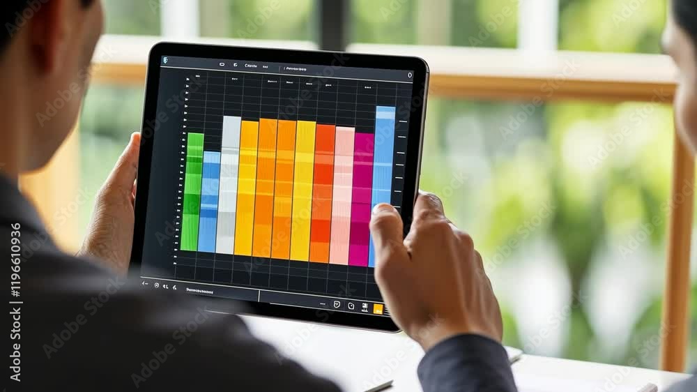 Poster colorful data visualization on tablet display with hands interacting