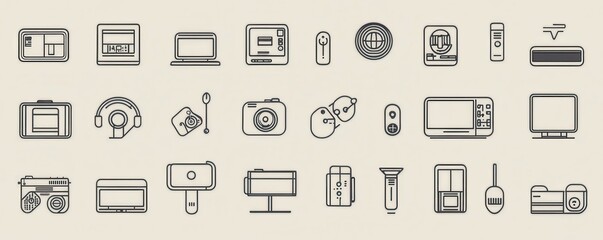 Digital Icons: Modern minimal set of digital technology and home appliance icons, clean and simple lines, monochrome design