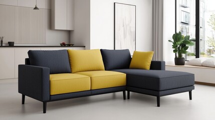 Contemporary, furniture and bold, A modern sectional sofa with a dark gray fabric and bright yellow cushions, set in a minimalistic living space with large windows.