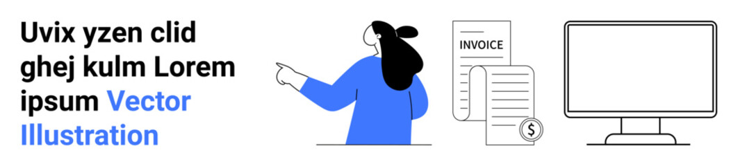 Businesswoman pointing at invoice paperwork with document and dollar symbol. Nearby, a computer monitor. Ideal for finance, accounting, bookkeeping, paperwork, business management, digital finance