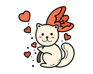 Cat, Heart and Flower. Valentine Sticker. Vector. 