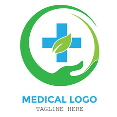 Green medical leaf sign with hands care professional logo design