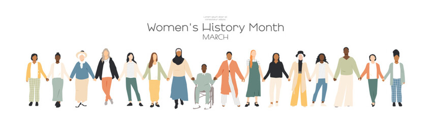 Fototapeta premium Women's History Month banner. Women of different ethnicities standing together and holding hands.