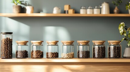 Glass jars filled with a variety of nuts arranged in a row on a wooden surface