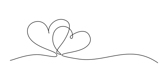 A minimalist vector illustration of two hearts in a continuous one-line style, perfect for Valentine's Day, symbolizing love and togetherness through elegant contour art. Editable stroke