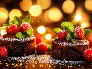Decadent chocolate cakes with fresh raspberries cozy kitchen food warm atmosphere close-up gourmet desserts