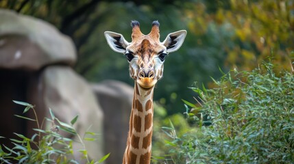 Obraz premium Giraffe portrait in a lush green setting.