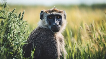 Obraz premium A baboon stares intently from the tall grass.