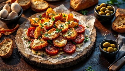 Roasted Potatoes with Chorizo and Olives on Rustic Wooden Board
