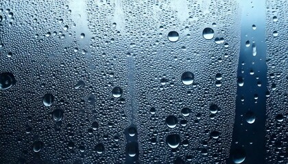 Closeup view capturing intricate condensation patterns forming on grey light glass surface with a delicate blue shade, showcasing texture, transparency, and mesmerizing water droplets interacting with