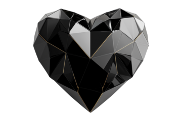 Geometric black heart with gold accents, angular patterns and smooth finish isolated on white transparent background. Concept of modern design and love