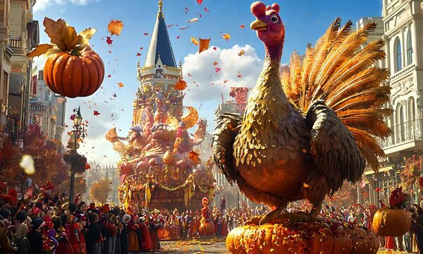 A vibrant Thanksgiving parade featuring a giant turkey float surrounded by autumn leaves and festive pumpkins in a lively city