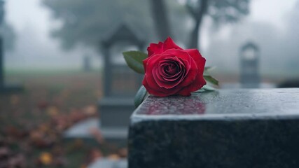 Solitary red rose on cemetery headstone amidst misty morning. Workers Memorial Day