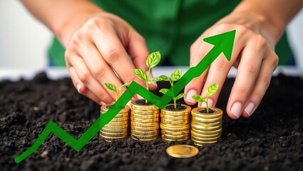 Hands Planting Seedlings in Stacks of Gold Coins Showing Growth