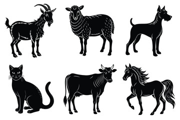 Animals silhouette set. Domestic animal silhouettes cat, cow, dog, horse, goat, sheep vector illustration