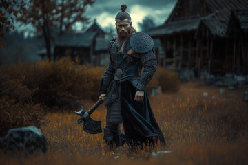 Fototapeta premium Medieval man, Viking warrior standing with axe in hands on ancient village background.