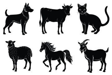 Animals silhouette set. Domestic animal silhouettes cat, cow, dog, horse, goat, sheep vector illustration