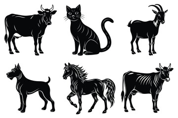 Animals silhouette set. Domestic animal silhouettes cat, cow, dog, horse, goat, sheep vector illustration
