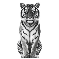 Fototapeta premium majestic tiger with striking black and white stripes sits confidently against transparency background, showcasing its powerful presence and intricate fur details
