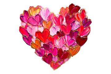 Vibrant textured heart composed of multicolored brushstrokes and glitter accents isolated on white transparent background. Concept of love and creativity
