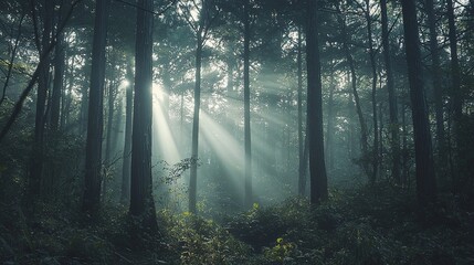 Obraz premium Sunbeams in Misty Forest