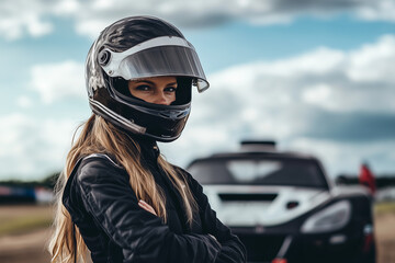 Beautiful girl a rally driver standing in helmet on race car on the road background..