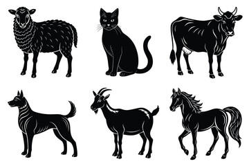 Animals silhouette set. Domestic animal silhouettes cat, cow, dog, horse, goat, sheep vector illustration