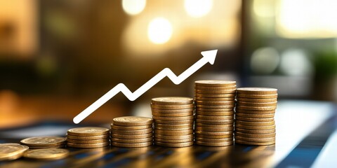 This image features a striking stack of coins underpinned by a rising arrow graph, symbolizing financial growth and the pursuit of economic prosperity in a modern context.
