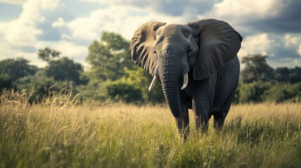 Fototapeta premium Majestic elephant in golden savanna.