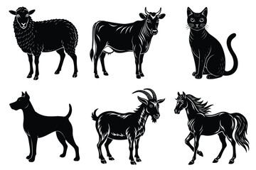 Animals silhouette set. Domestic animal silhouettes cat, cow, dog, horse, goat, sheep vector illustration