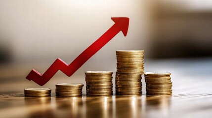 This image showcases a stack of golden coins along with a red arrow, representing financial growth and profitability, symbolizing success in investments for the viewer.