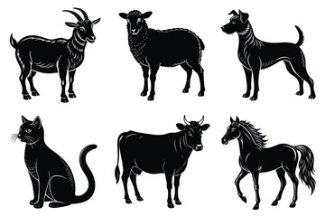 Animals silhouette set. Domestic animal silhouettes cat, cow, dog, horse, goat, sheep vector illustration
