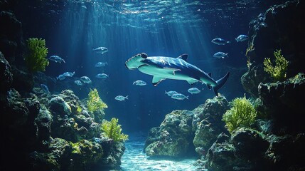 Fototapeta premium Hammerhead Shark Aquarium Sunlight Reef Ocean.