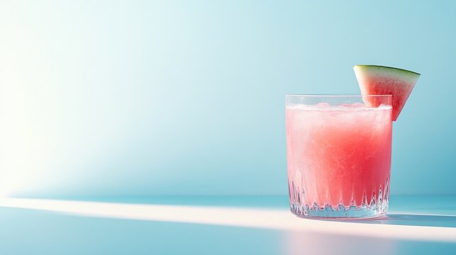 Refreshing pink watermelon cocktail in a rocks glass with a watermelon wedge garnish on a blue background.