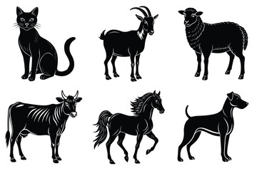 Animals silhouette set. Domestic animal silhouettes cat, cow, dog, horse, goat, sheep vector illustration