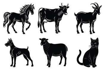 Animals silhouette set. Domestic animal silhouettes cat, cow, dog, horse, goat, sheep vector illustration