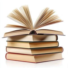 pile of books with one book open on white background, Generative AI