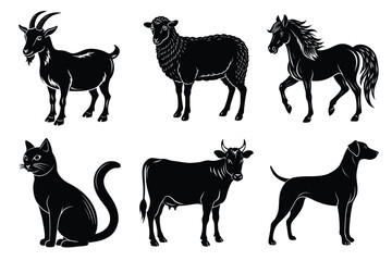 Animals silhouette set. Domestic animal silhouettes cat, cow, dog, horse, goat, sheep vector illustration