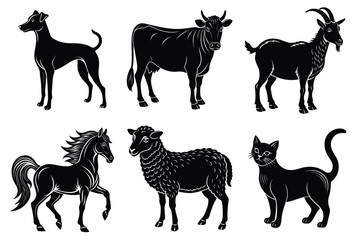 Animals silhouette set. Domestic animal silhouettes cat, cow, dog, horse, goat, sheep vector illustration