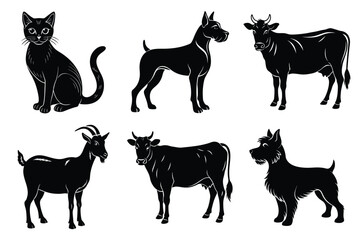 Animals silhouette set. Domestic animal silhouettes cat, cow, dog, horse, goat, sheep vector illustration