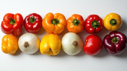 Vibrant colorful peppers and onions arrangement kitchen food clean background top-down view fresh produce concept